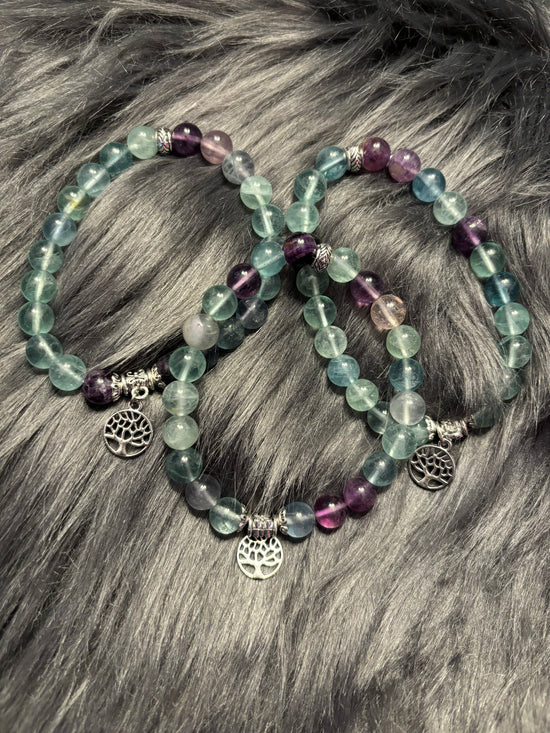 Rainbow Fluorite w/tree of Life charm Bracelet