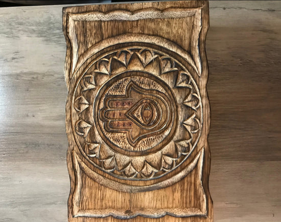 Handcrafted wooden storage box 6x9 Hamsa